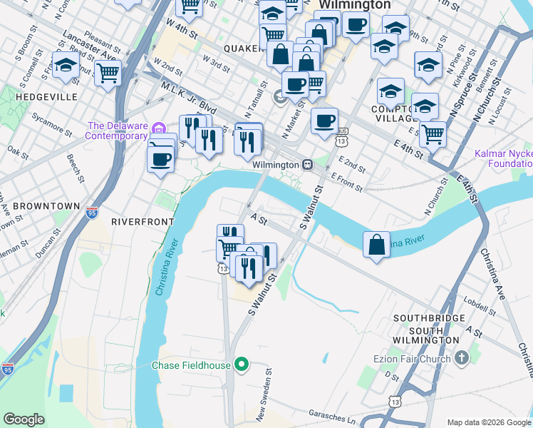 map of restaurants, bars, coffee shops, grocery stores, and more near 147 Christina Landing Drive in Wilmington