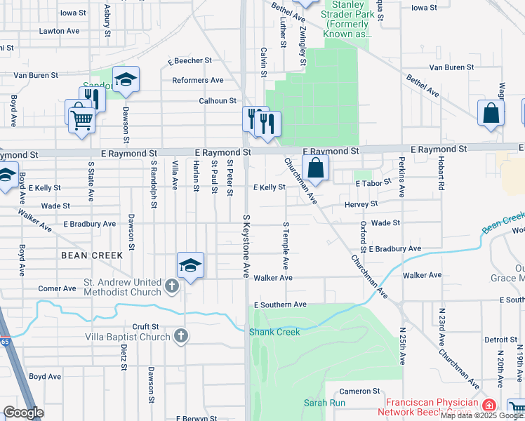 map of restaurants, bars, coffee shops, grocery stores, and more near 2439 Wade Street in Indianapolis
