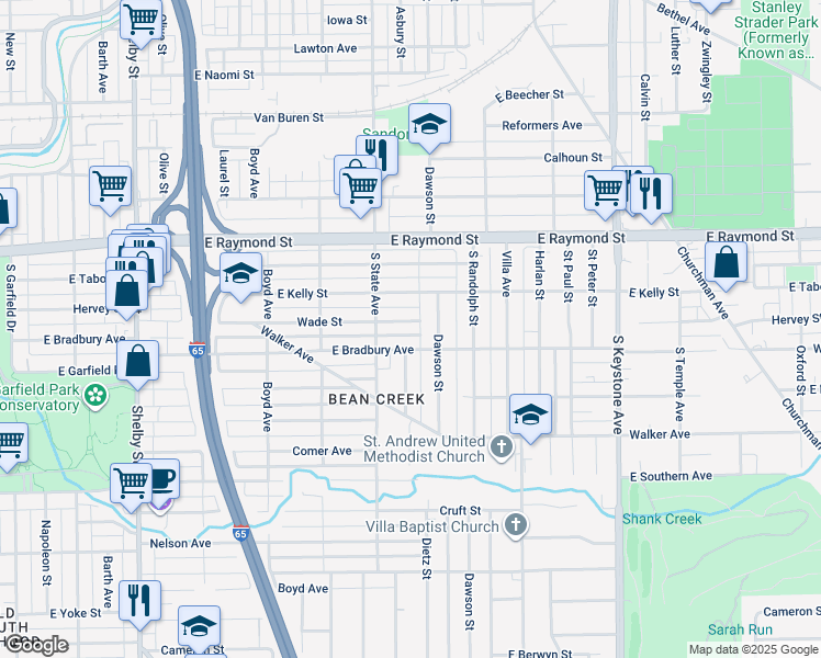 map of restaurants, bars, coffee shops, grocery stores, and more near 1765 East Kelly Street in Indianapolis