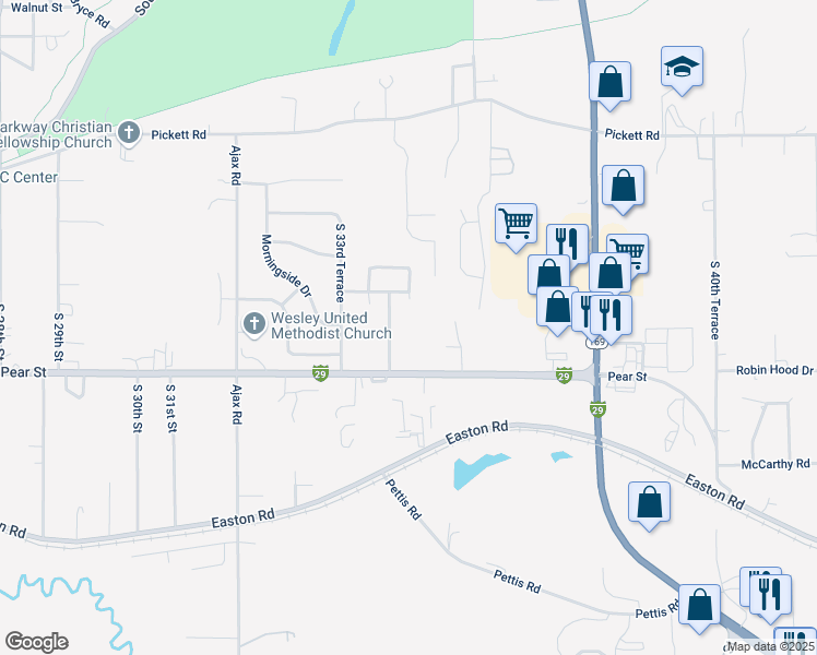 map of restaurants, bars, coffee shops, grocery stores, and more near 3301 South 35th Street in Saint Joseph