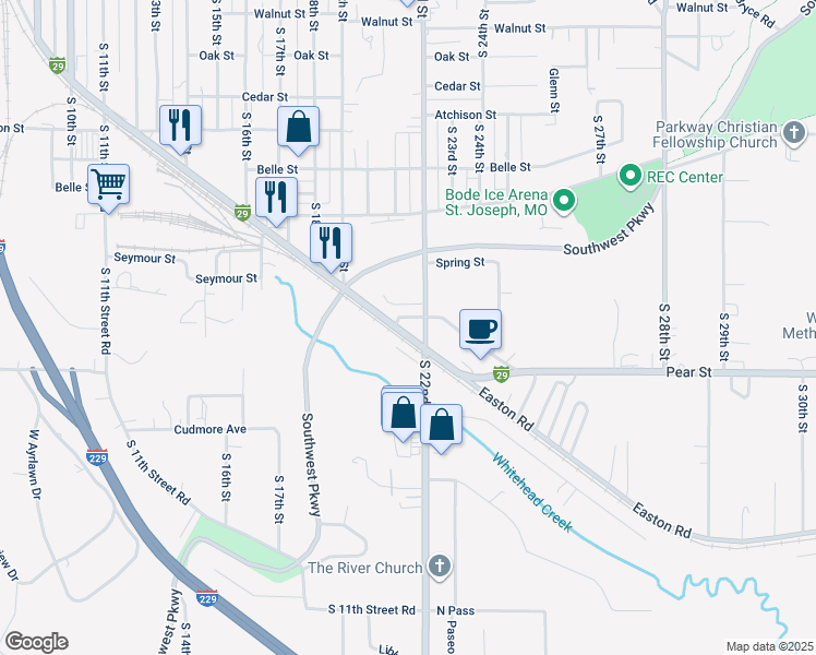 map of restaurants, bars, coffee shops, grocery stores, and more near 2115 Garfield Avenue in Saint Joseph