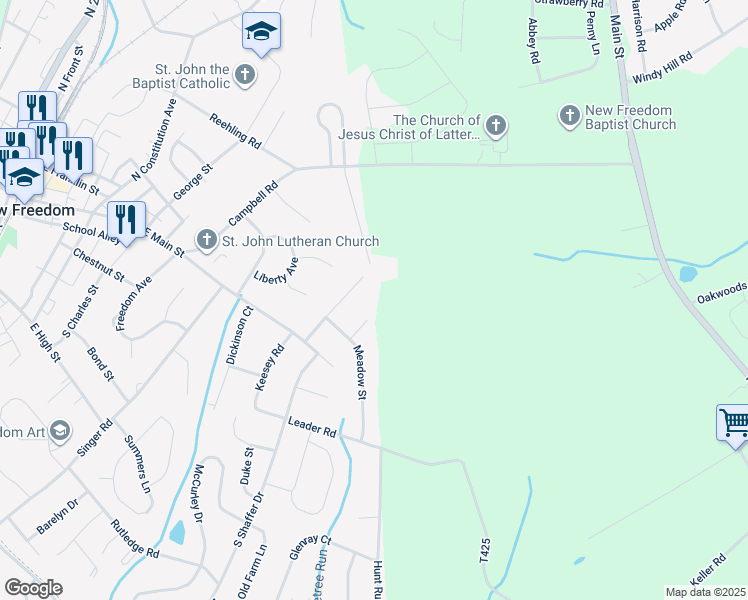 map of restaurants, bars, coffee shops, grocery stores, and more near 7 Crawford Ct in New Freedom