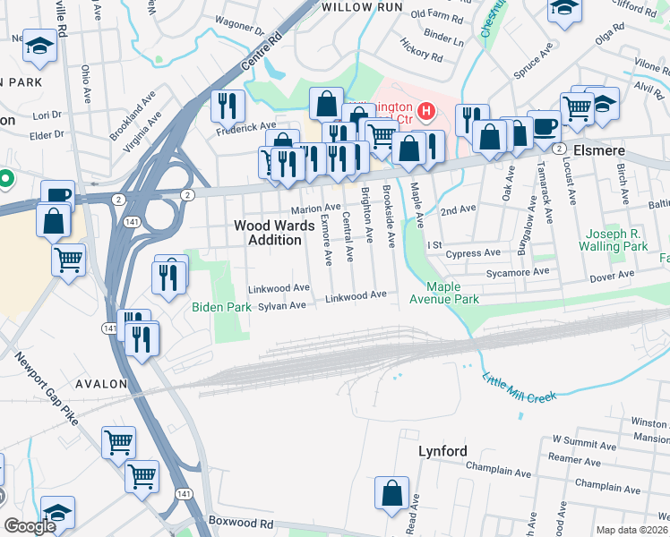 map of restaurants, bars, coffee shops, grocery stores, and more near 310 Exmore Avenue in Wilmington