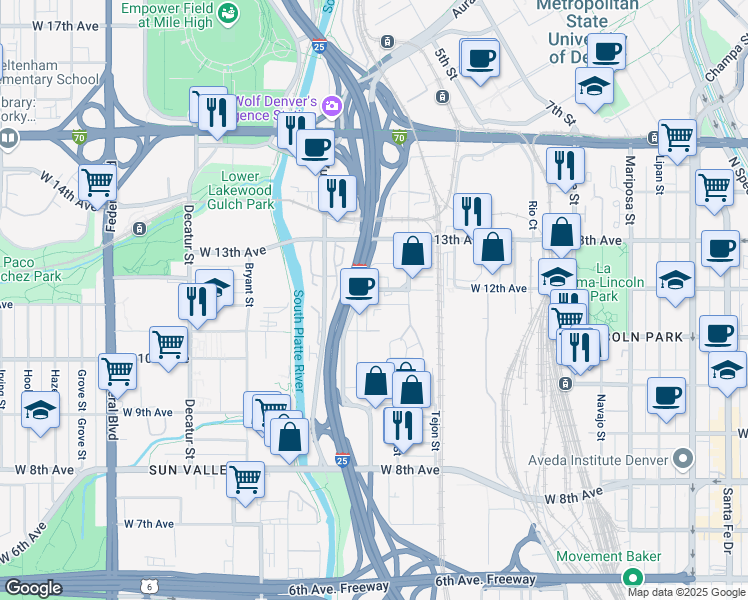 map of restaurants, bars, coffee shops, grocery stores, and more near 1962 West 12th Avenue in Denver