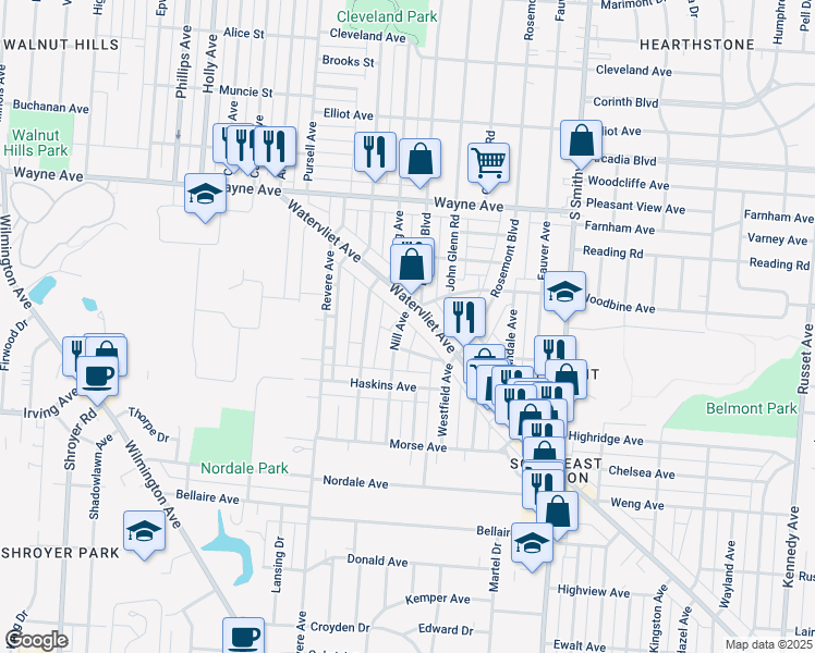 map of restaurants, bars, coffee shops, grocery stores, and more near 2216 Nill Avenue in Dayton