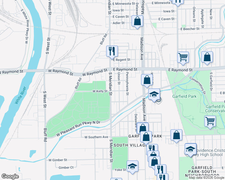 map of restaurants, bars, coffee shops, grocery stores, and more near 2281 South Meridian Street in Indianapolis