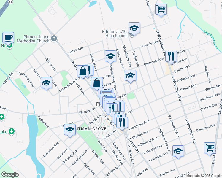 map of restaurants, bars, coffee shops, grocery stores, and more near 56 Arbutus Avenue in Pitman