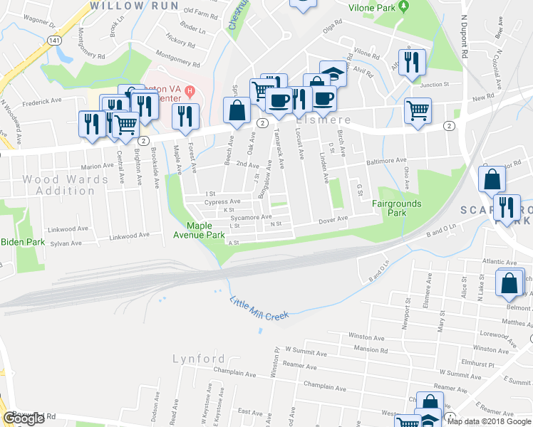 map of restaurants, bars, coffee shops, grocery stores, and more near 232 Bungalow Avenue in Wilmington