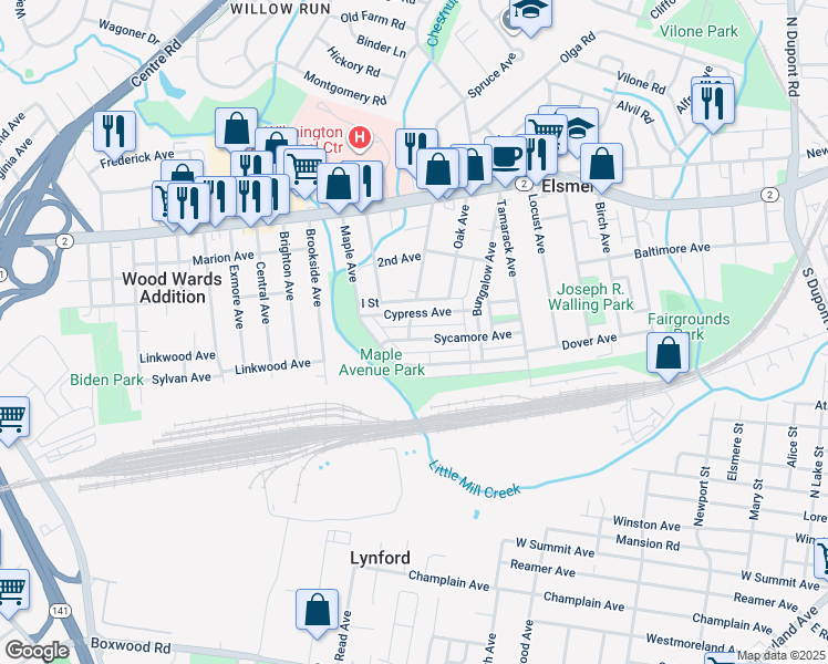 map of restaurants, bars, coffee shops, grocery stores, and more near 1353 Sycamore Avenue in Wilmington