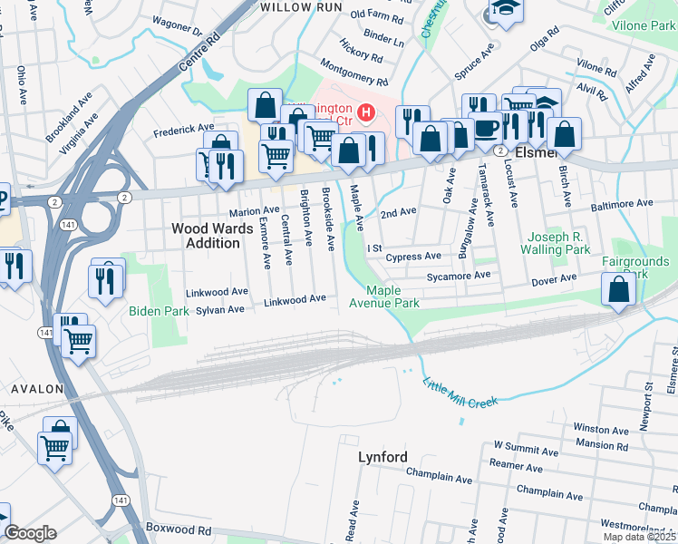 map of restaurants, bars, coffee shops, grocery stores, and more near 300 Brookside Avenue in Wilmington