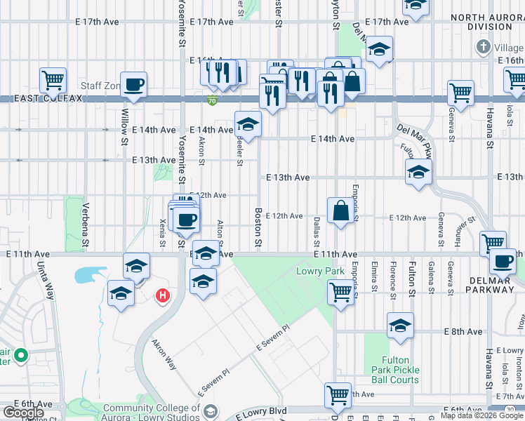 map of restaurants, bars, coffee shops, grocery stores, and more near 1210 Boston Street in Aurora