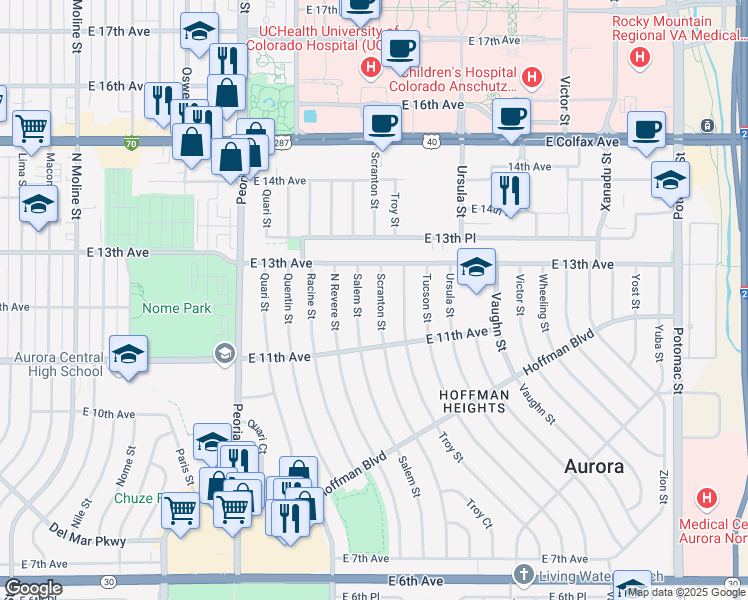 map of restaurants, bars, coffee shops, grocery stores, and more near 1219 Scranton Street in Aurora