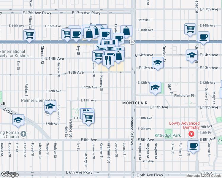 map of restaurants, bars, coffee shops, grocery stores, and more near 1170 Krameria Street in Denver