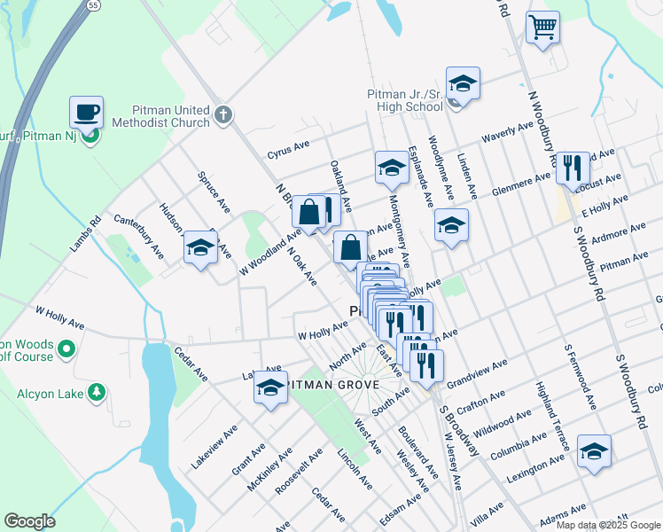 map of restaurants, bars, coffee shops, grocery stores, and more near 216 North Broadway in Pitman