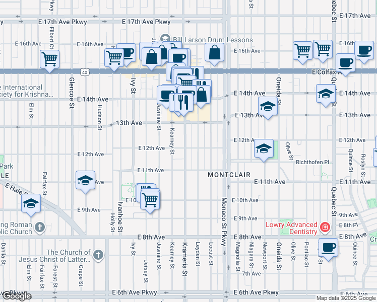 map of restaurants, bars, coffee shops, grocery stores, and more near 1170 Krameria Street in Denver