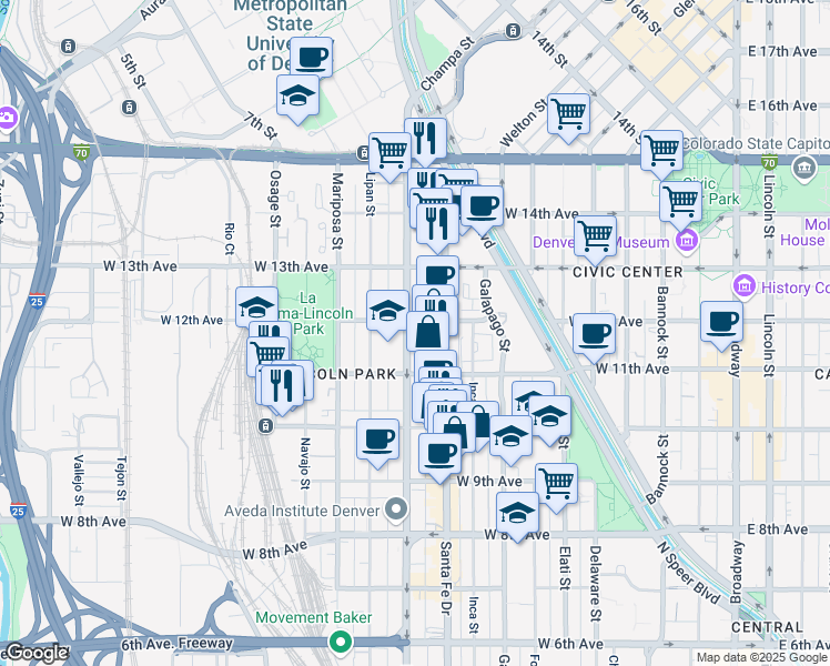 map of restaurants, bars, coffee shops, grocery stores, and more near 1164 Kalamath Street in Denver