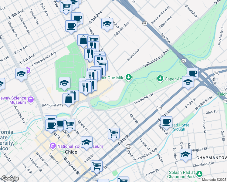 map of restaurants, bars, coffee shops, grocery stores, and more near 555 Vallombrosa Avenue in Chico