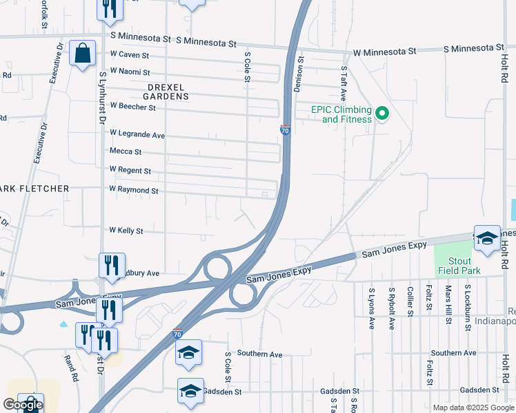 map of restaurants, bars, coffee shops, grocery stores, and more near 4819 West Raymond Street in Indianapolis