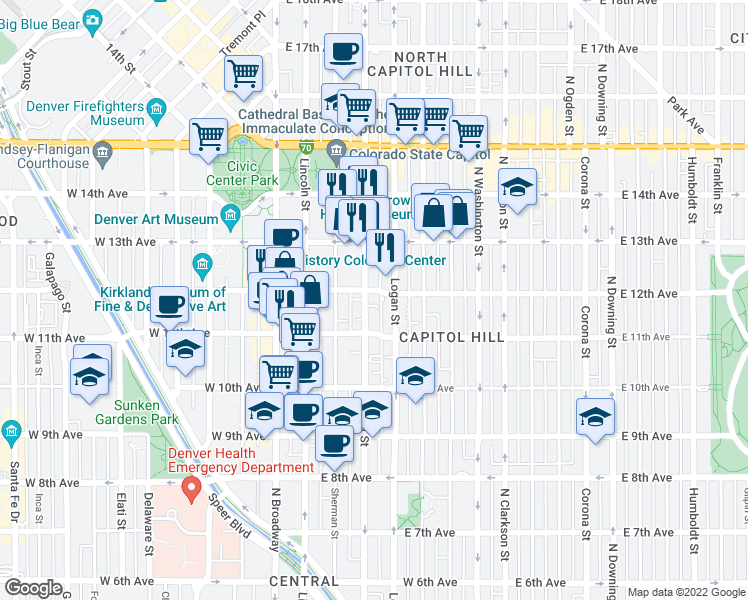 map of restaurants, bars, coffee shops, grocery stores, and more near 1196 Grant Street in Denver