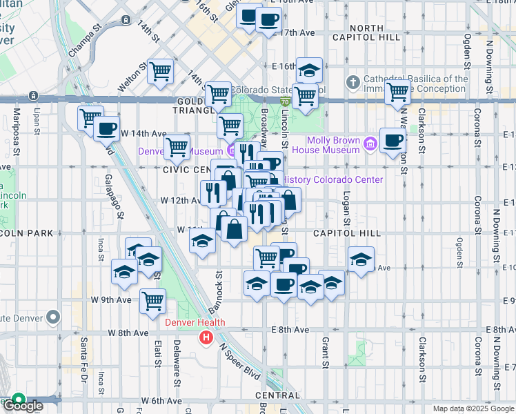 map of restaurants, bars, coffee shops, grocery stores, and more near 1147 Broadway in Denver