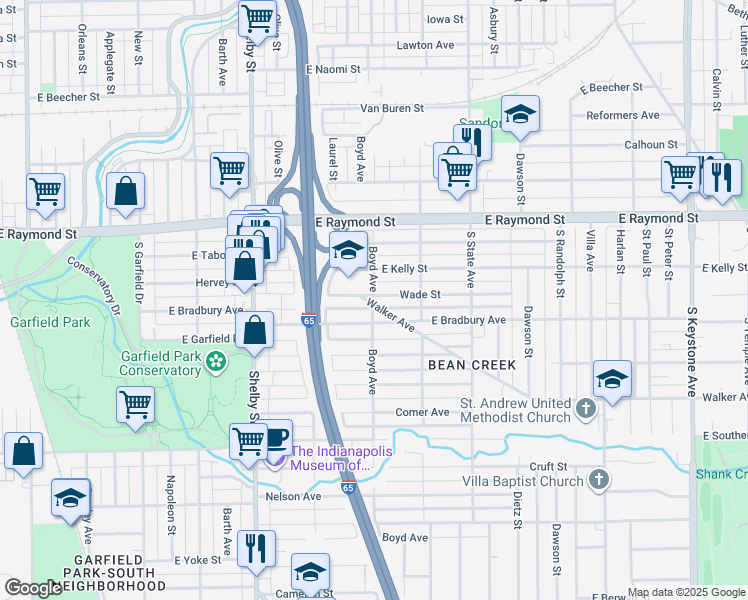 map of restaurants, bars, coffee shops, grocery stores, and more near 1431 Wade Street in Indianapolis