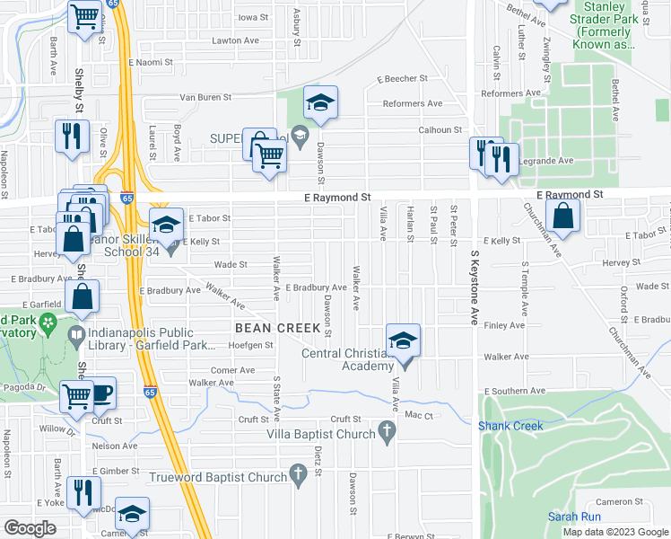 map of restaurants, bars, coffee shops, grocery stores, and more near 2353 Dawson Street in Indianapolis