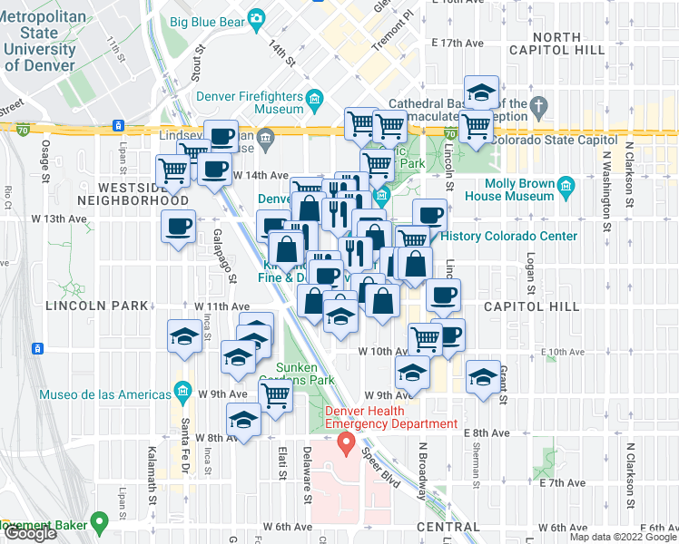 map of restaurants, bars, coffee shops, grocery stores, and more near 226 West 12th Avenue in Denver