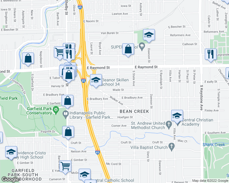 map of restaurants, bars, coffee shops, grocery stores, and more near 1539 Wade Street in Indianapolis