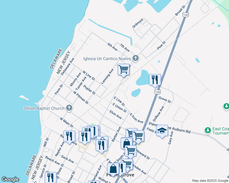 map of restaurants, bars, coffee shops, grocery stores, and more near 142 Broad Street in Penns Grove