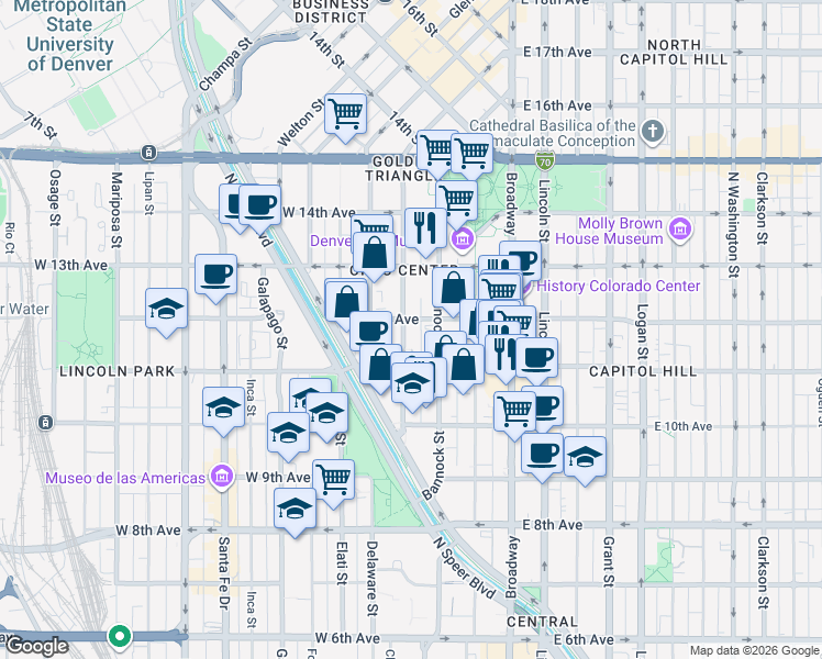 map of restaurants, bars, coffee shops, grocery stores, and more near 290 West 12th Avenue in Denver