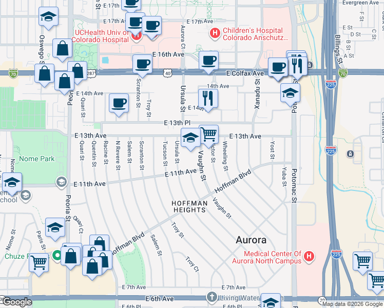 map of restaurants, bars, coffee shops, grocery stores, and more near 1155 Vaughn Street in Aurora