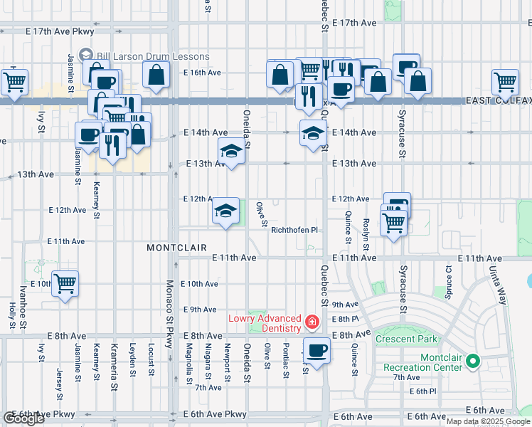 map of restaurants, bars, coffee shops, grocery stores, and more near 1170 Olive Street in Denver