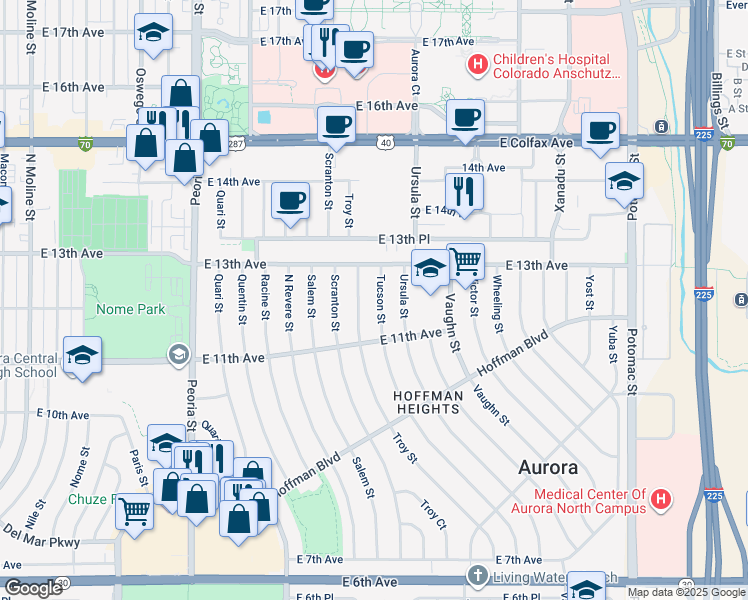 map of restaurants, bars, coffee shops, grocery stores, and more near 1203 Tucson Street in Aurora
