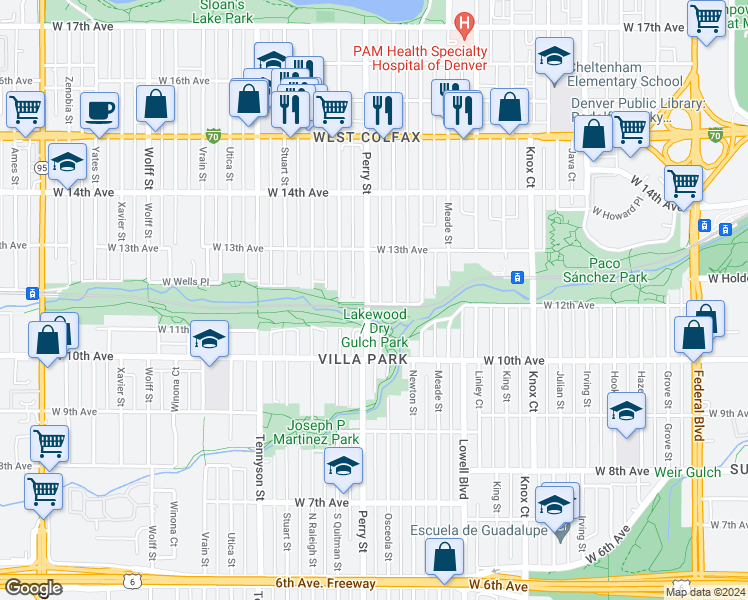 map of restaurants, bars, coffee shops, grocery stores, and more near 1200 Perry Street in Denver