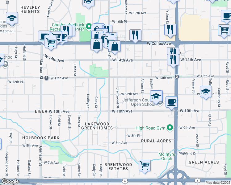 map of restaurants, bars, coffee shops, grocery stores, and more near 1201 Brentwood Street in Lakewood