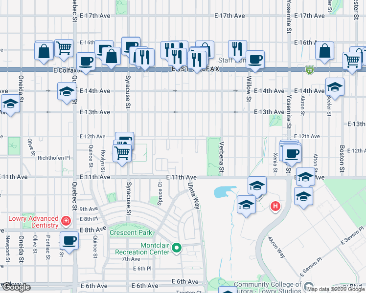 map of restaurants, bars, coffee shops, grocery stores, and more near 8000 East 12th Avenue in Denver
