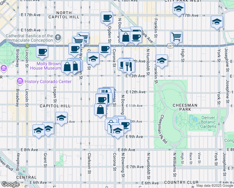 map of restaurants, bars, coffee shops, grocery stores, and more near 1170 Corona Street in Denver