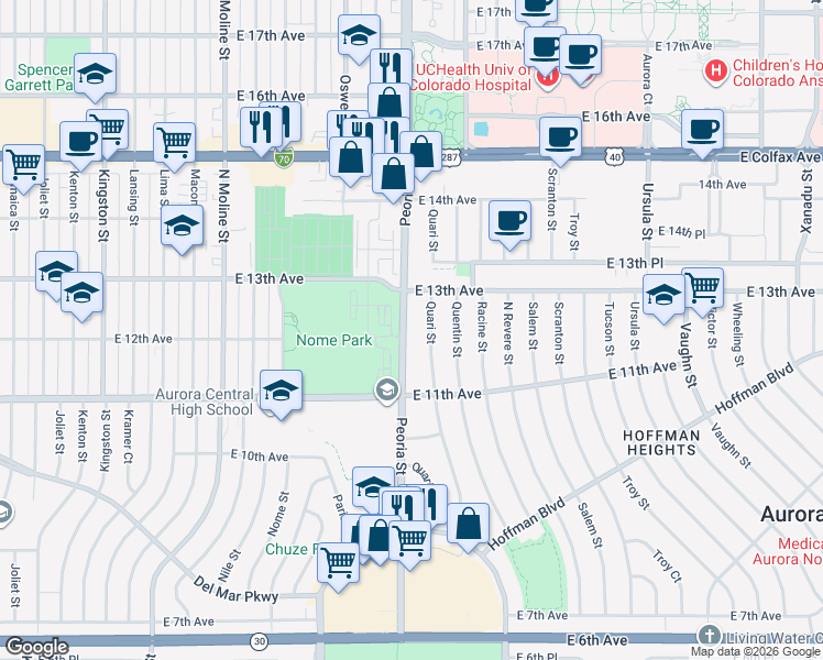 map of restaurants, bars, coffee shops, grocery stores, and more near 1230 Peoria Street in Aurora