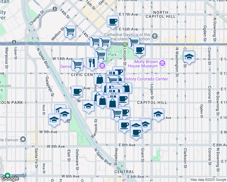 map of restaurants, bars, coffee shops, grocery stores, and more near 1147 Broadway in Denver