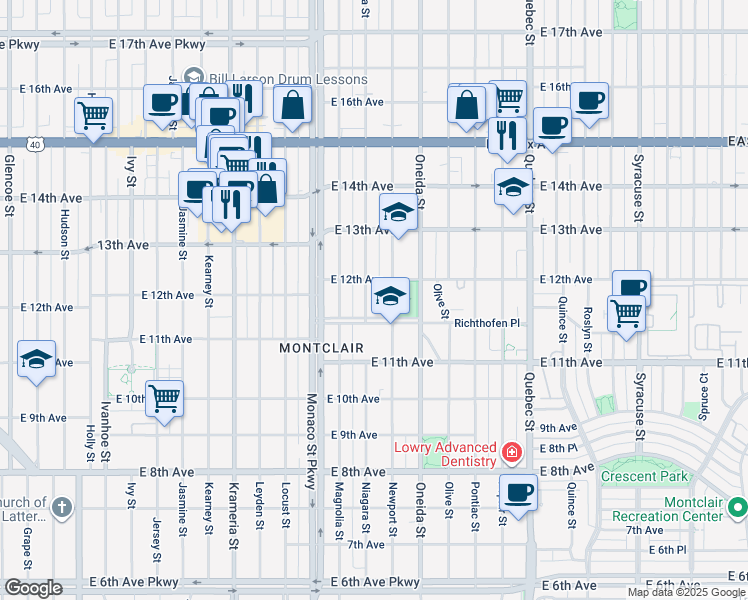 map of restaurants, bars, coffee shops, grocery stores, and more near 1170 Niagara Street in Denver