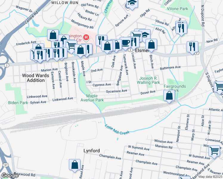 map of restaurants, bars, coffee shops, grocery stores, and more near 1311 Sycamore Avenue in Wilmington