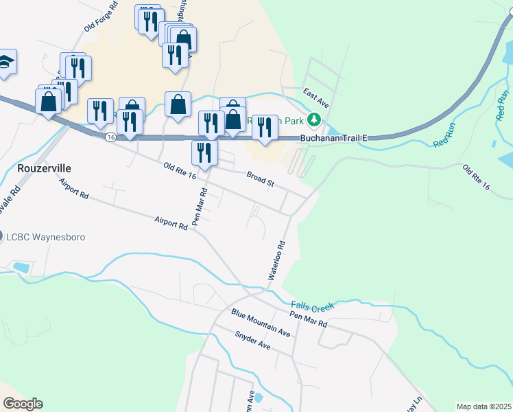 map of restaurants, bars, coffee shops, grocery stores, and more near 11950 Old Route 16 in Waynesboro