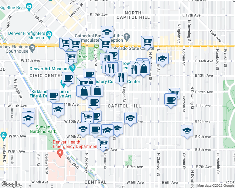 map of restaurants, bars, coffee shops, grocery stores, and more near 1196 Grant Street in Denver