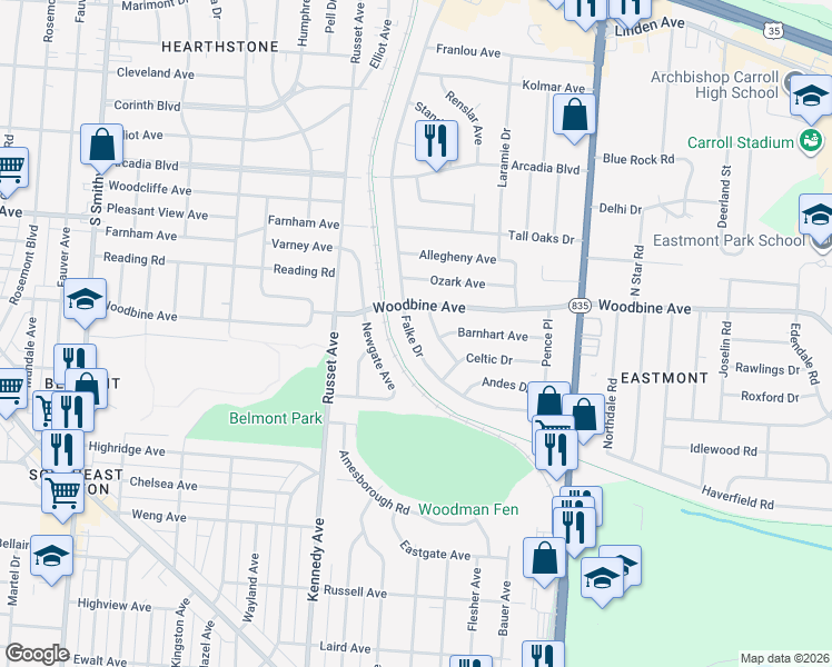 map of restaurants, bars, coffee shops, grocery stores, and more near 1627 Catskill Lane in Dayton