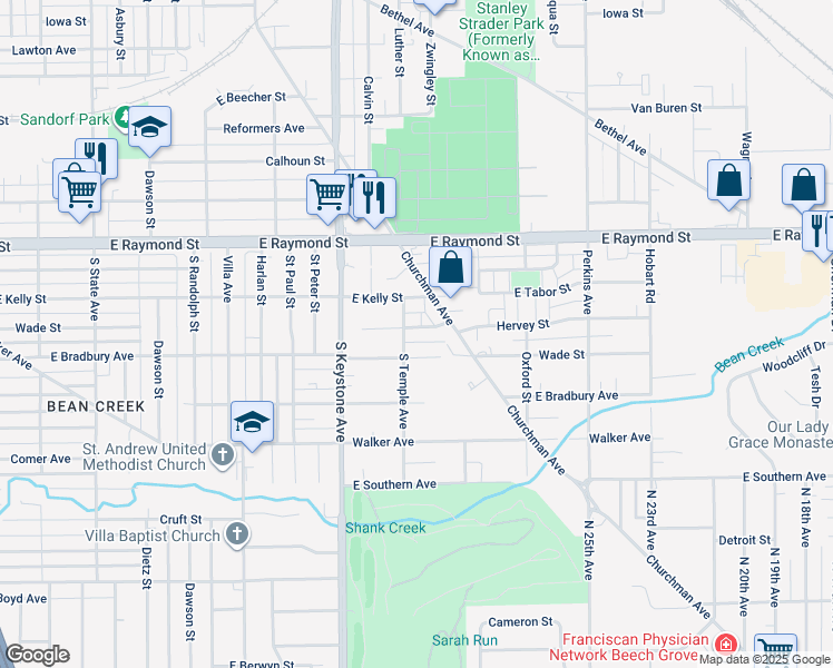 map of restaurants, bars, coffee shops, grocery stores, and more near 2615 Wade Street in Indianapolis
