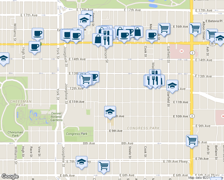 map of restaurants, bars, coffee shops, grocery stores, and more near 2930 East 12th Avenue in Denver