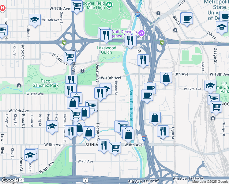 map of restaurants, bars, coffee shops, grocery stores, and more near 2609 West 12th Avenue in Denver