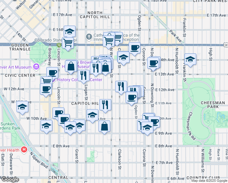 map of restaurants, bars, coffee shops, grocery stores, and more near in Denver