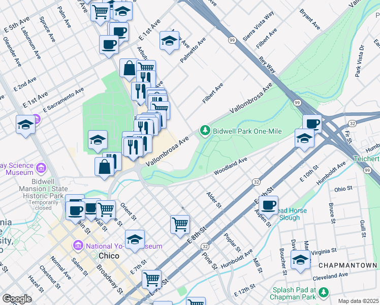 map of restaurants, bars, coffee shops, grocery stores, and more near 555 Vallombrosa Avenue in Chico