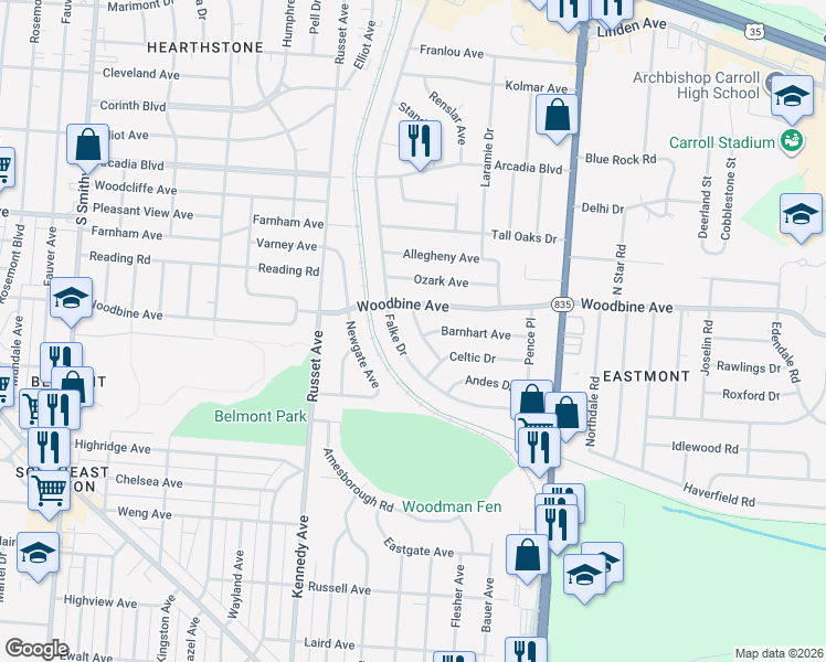 map of restaurants, bars, coffee shops, grocery stores, and more near 1627 Catskill Lane in Dayton